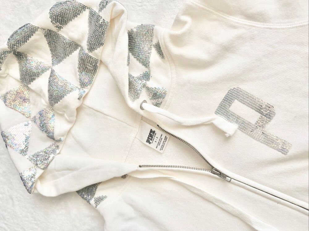 PINK Victoria’s Secret White Holographic Sequin Zip Hoodie Y2K Bling Women’s Sma - Picture 12 of 12